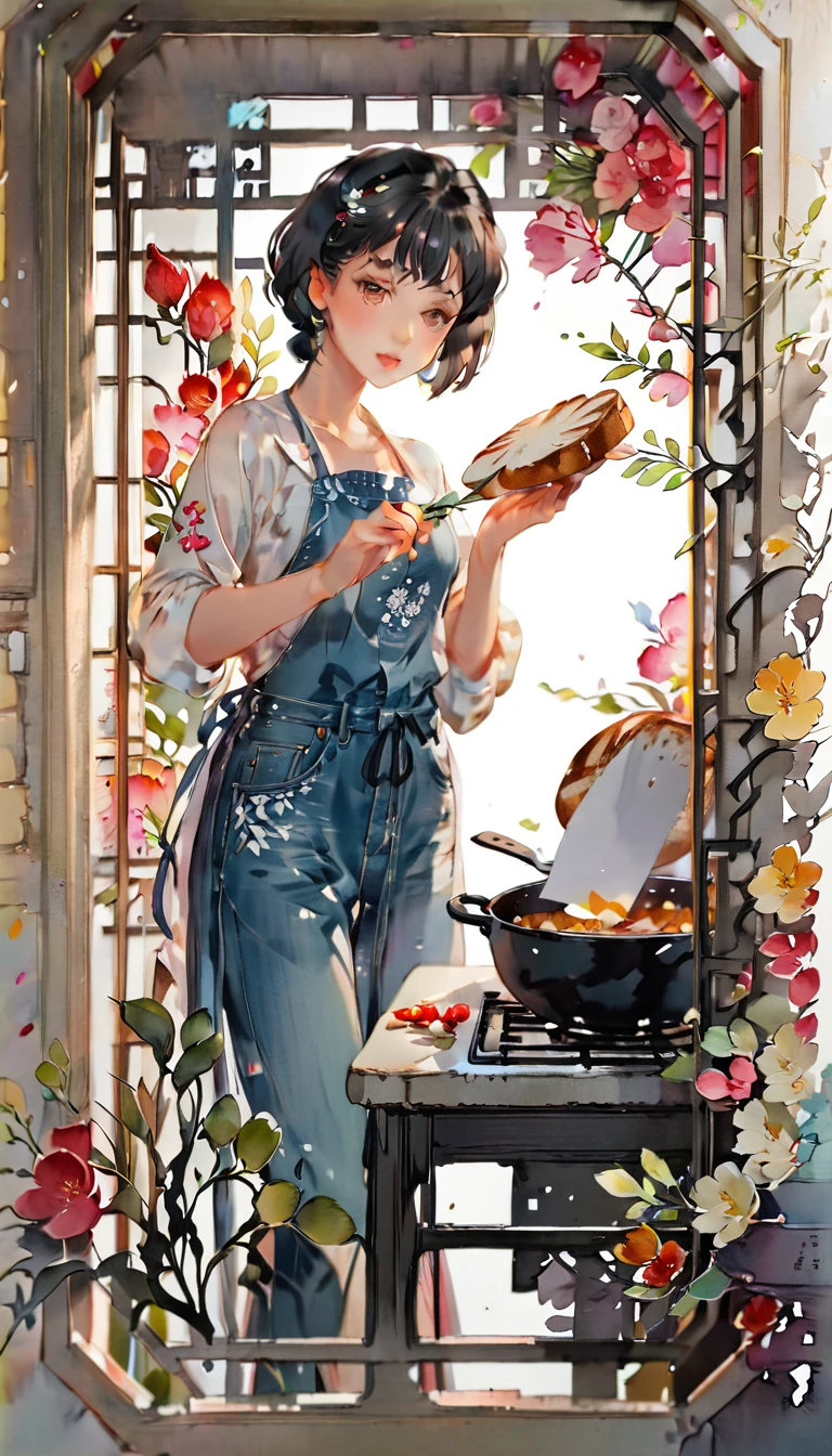 (((paper cutting style))), (frame of illustration is 3D paper cutting: 1.2), (denim and shirts), (black short hair), (random angle), (random pose), 1 girl, cooking bread