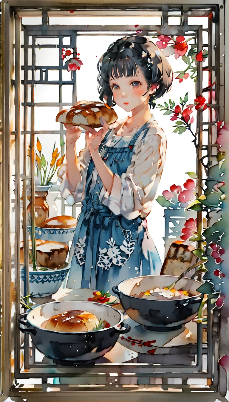 (((paper cutting style))), (frame of illustration is 3D paper cutting: 1.2), (denim and shirts), (black short hair), (random angle), (random pose), 1 girl, cooking bread