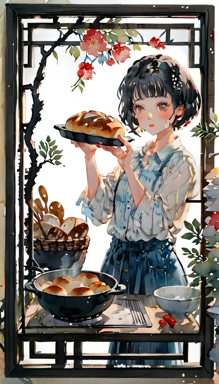 (((paper cutting style))), (frame of illustration is 3D paper cutting: 1.2), (denim and shirts), (black short hair), (random angle), (random pose), 1 girl, cooking bread