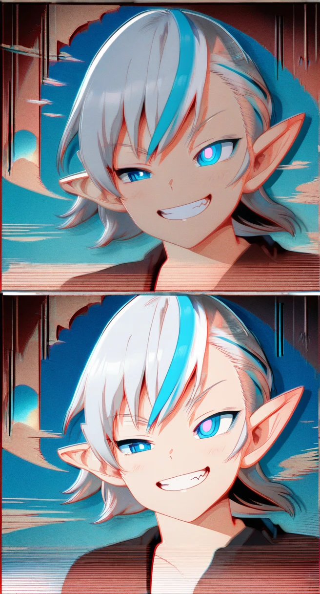 fang, white hair, wince, blue eyes, streaked hair, boy, hair strand, pointy ears, grin, bright pupils, doyagao, drop shadow, anaglyph, stereogram, tachi-e, atmospheric perspective, anime style, motion lines, projected inset, 8k, super detail, best quality, masterpiece, anatomically correct