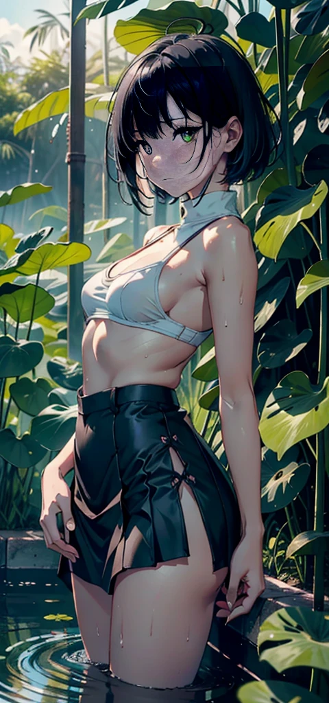 1female，Small ，Small breasts，solo，（Background with：bamboo forrest，lotuses，lotus flower，exteriors，Lotus pond） She has short black hair，standing on your feet，Sweat profusely，drenched all over the body，seen from the front， hair straight， mostly cloudy sky，（（（tmasterpiece），（Very detailed CG unity 8K wallpaper），best qualtiy，cinmatic lighting，detailed back ground，beatiful detailed eyes，Bright pupils，Black eyes，（Very fine and beautiful），（Beautiful and detailed eye description），ultra - detailed，tmasterpiece，）），facing at camera，A high resolution，ultra - detailed），revealing breasts，Bare genitals，  Bulge，legs are open，Raised sexy，Camel toes，Flushed complexion，Open-mouthed，frontage，（Wearing：Casement skirt，nakeness，Bare breasts，Bare lower body）