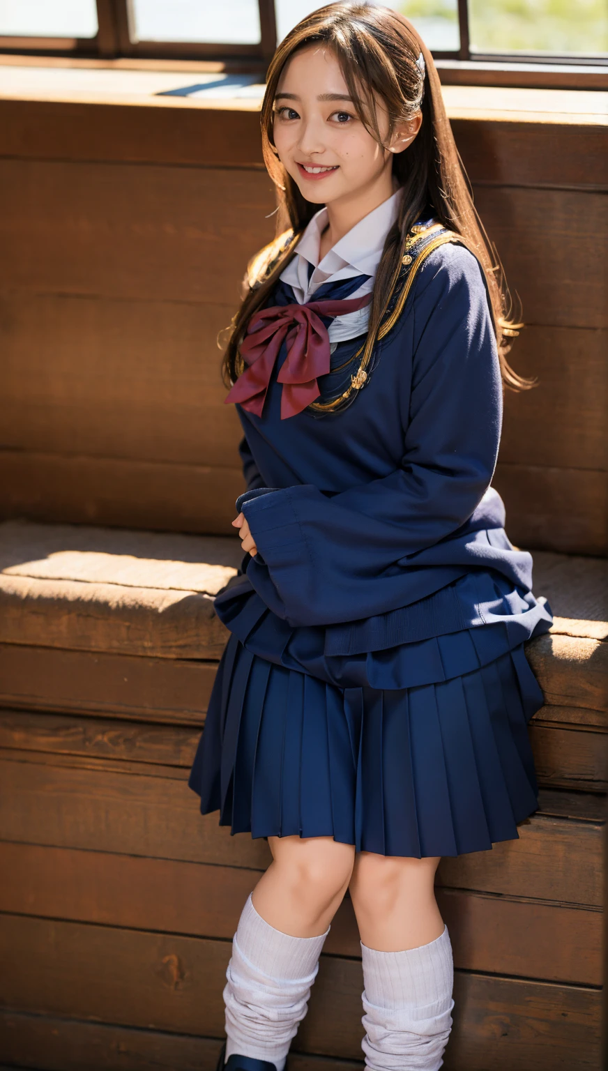 ((highest quality、8k、masterpiece:1.3)),((((cowboy shot)))),Ultra-high resolution,big eyes,Japanese,bangs,(a girl),(1 girl),20 years old,((facing at viewer)),(long hair),(((black sailor uniform))),grin,((standing)),(pleated mini skirt),((pussy)),((skirt lift))