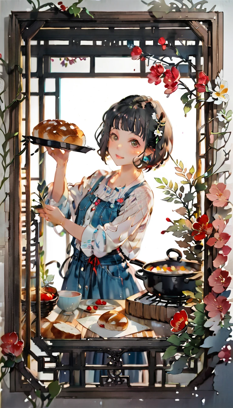 (((paper cutting style))), (frame of illustration is 3D paper cutting: 1.2), (denim and shirts), (black short hair), (random angle), (random pose), 1 girl, cooking bread