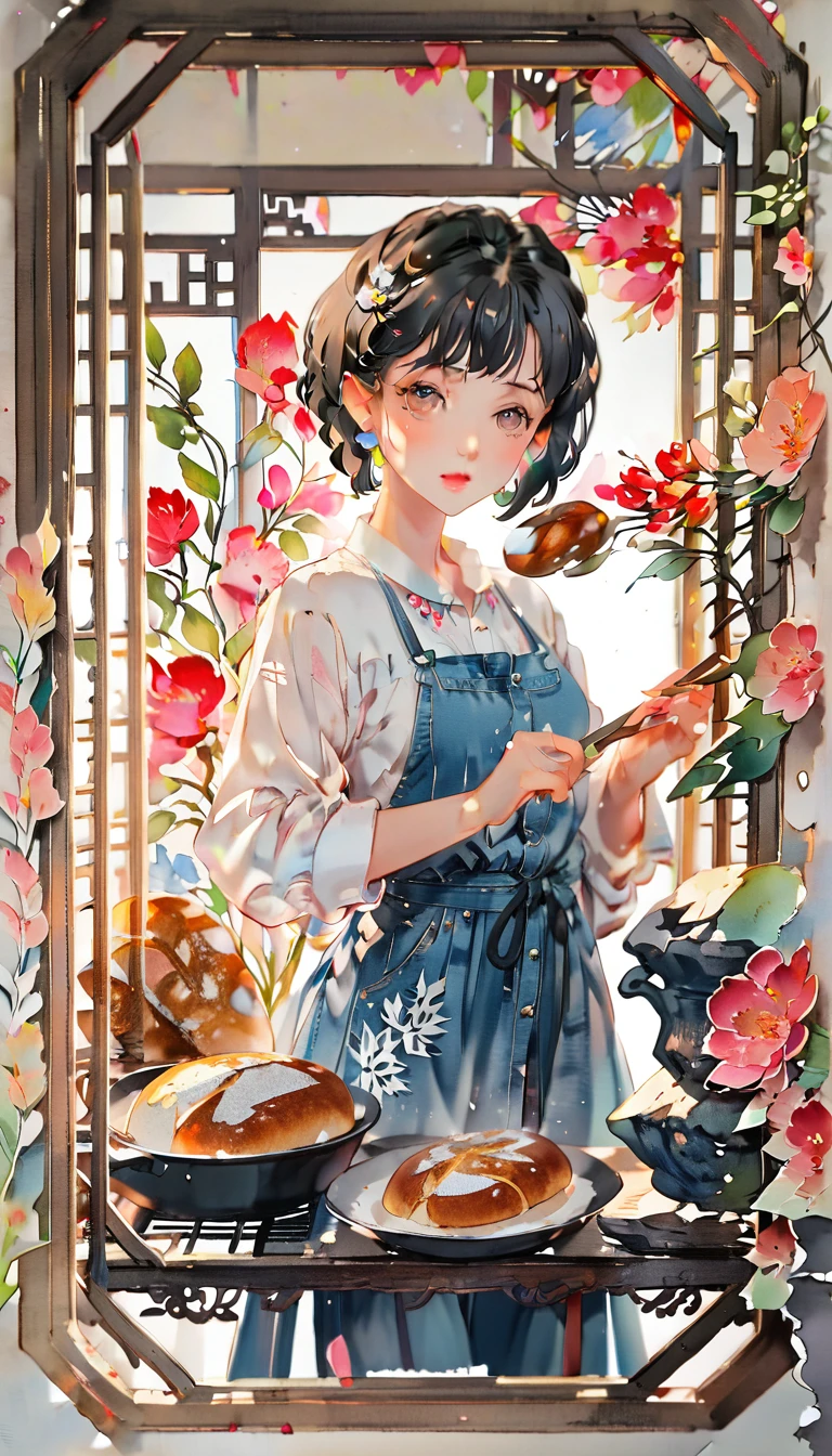 (((paper cutting style))), (frame of illustration is 3D paper cutting: 1.2), (denim and shirts), (black short hair), (random angle), (random pose), 1 girl, cooking bread