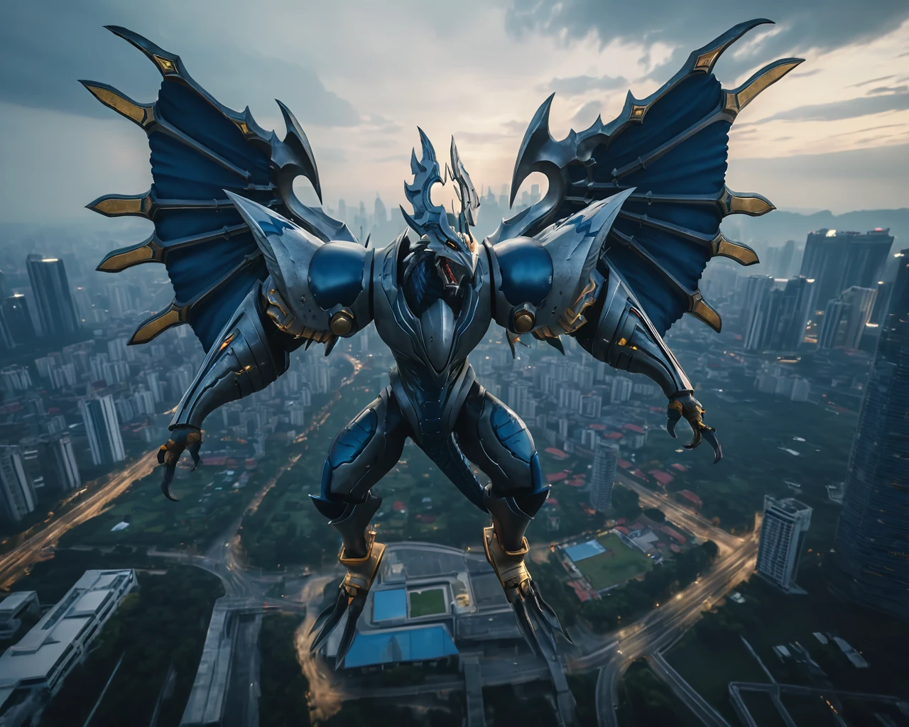 a  winged dexdoru looming over a cityscape,raw photo,8k,cinematic shot,professional lighting, garuda