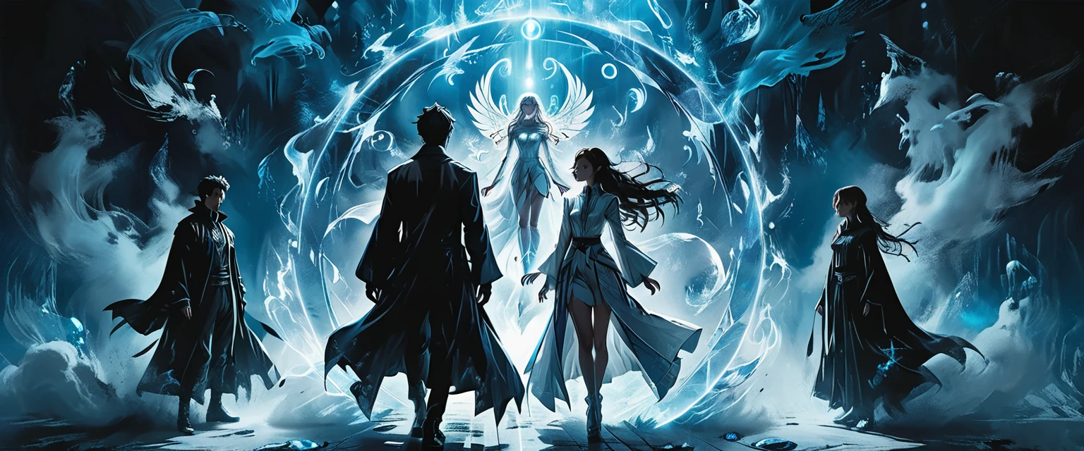 (masterpiece, best quality), (multiple characters, group, floating, glowing blue circle), (male and female characters, various poses, different outfits), (magical symbols, summoning circle, ethereal light), (anime style, detailed characters, dynamic composition), (high contrast, blue and white color scheme, mystical atmosphere), (dramatic lighting, diverse characters, futuristic setting), (action scene, intense, vibrant) graphic style of novel comics, perfect hands, 2d,
8k, hyperrealism, masterpiece, high resolution, best quality, ultra-detailed, super realistic, Hyperrealistic art, high-quality, ultra high res, highest detailed, lot of details, Extremely high-resolution details, incredibly lifelike, colourful, soft cinematic light,