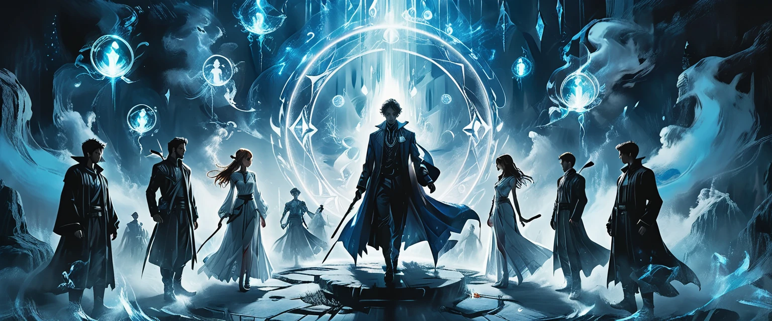 (masterpiece, best quality), (multiple characters, group, floating, glowing blue circle), (male and female characters, various poses, different outfits), (magical symbols, summoning circle, ethereal light), (anime style, detailed characters, dynamic composition), (high contrast, blue and white color scheme, mystical atmosphere), (dramatic lighting, diverse characters, futuristic setting), (action scene, intense, vibrant) graphic style of novel comics, perfect hands, 2d,
8k, hyperrealism, masterpiece, high resolution, best quality, ultra-detailed, super realistic, Hyperrealistic art, high-quality, ultra high res, highest detailed, lot of details, Extremely high-resolution details, incredibly lifelike, colourful, soft cinematic light,