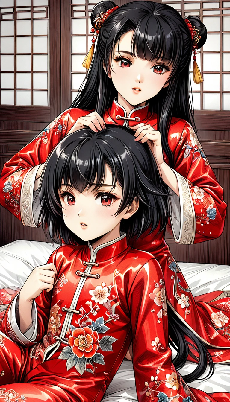 A tragic historical drama in 8k live-action style: Beautiful palace secrets　A beautiful -yeld Chse Kung Fu princess with long black hair is being examined by a doctor　Gorgeous embroidery, Ultra glossy, She is wearing a shiny red top and bottom long sleeve floral pajama kung fu suit....　　She lies on a floral duvet and shows her pussy to the doctor