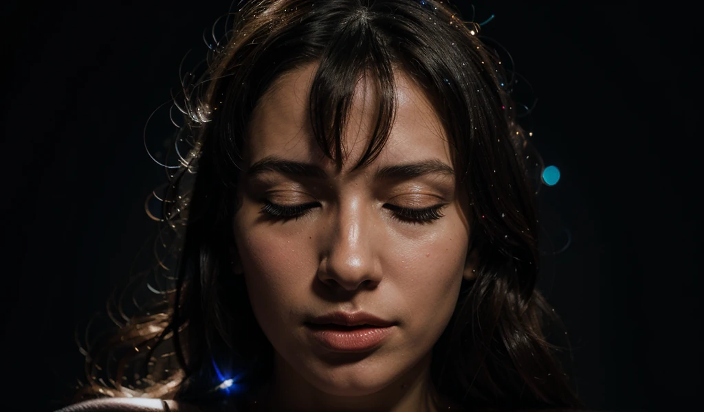 An abstract image of a human head and mind lit with beautiful lights and spects of light with closed eyes