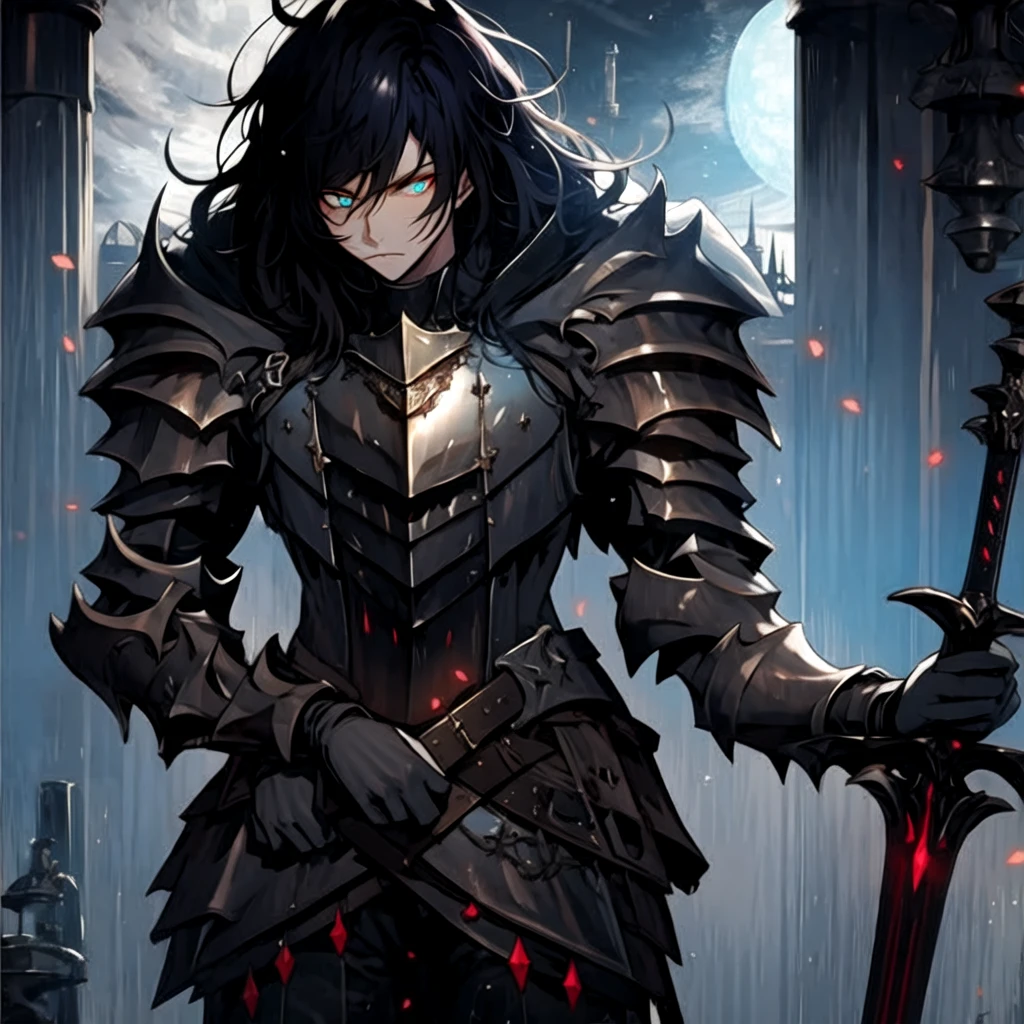 (masterpiece, Best quality:1.2), 1 person, One, Beautiful, black with glowing blue accents armor, warrior, knight, dark hair, Gothic, dark lighting, luminescent glowing blue eyes, fantasy, holding a sword, 