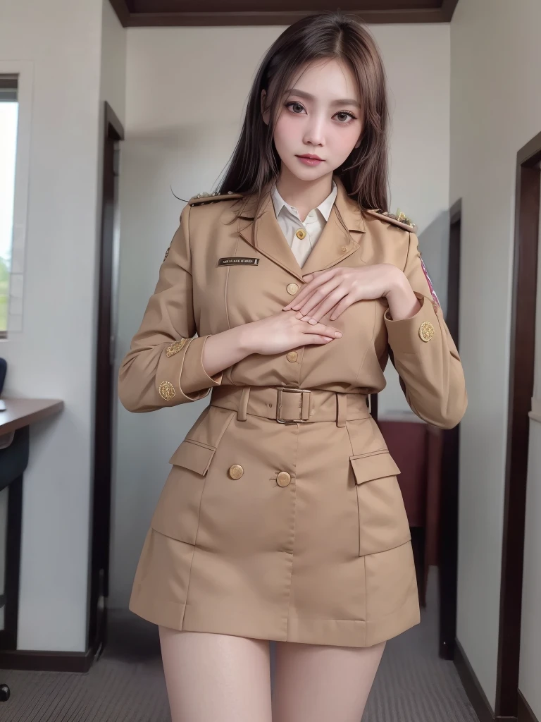 (masterpiece, best quality, hires, high resolution:1.2), (8k, 16k , high quality), extremely detailed, realistic, intricate details, highres, 1girl, solo, long hair,  blush, eyes, (cinematic lighting, sunlight, perfect lighting, backlighting), eye-level shot, cowboy-shot, PNS, Inonesian, pns office, Indonesian PNS uniform, slit skirt,at center, in frame, (perfect hands, nice hands, normal hands), standing sexy pose, complete legs, thighs, calf, (sfw), SFW, ((SFW))