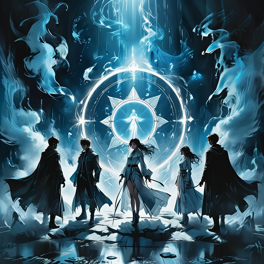 (masterpiece, best quality), (multiple characters, group, floating, glowing blue circle), (male and female characters, various poses, different outfits), (magical symbols, summoning circle, ethereal light), (anime style, detailed characters, dynamic composition), (high contrast, blue and white color scheme, mystical atmosphere), (dramatic lighting, diverse characters, futuristic setting), (action scene, intense, vibrant) graphic style of novel comics, perfect hands, 2d,
8k, hyperrealism, masterpiece, high resolution, best quality, ultra-detailed, super realistic, Hyperrealistic art, high-quality, ultra high res, highest detailed, lot of details, Extremely high-resolution details, incredibly lifelike, colourful, soft cinematic light,

