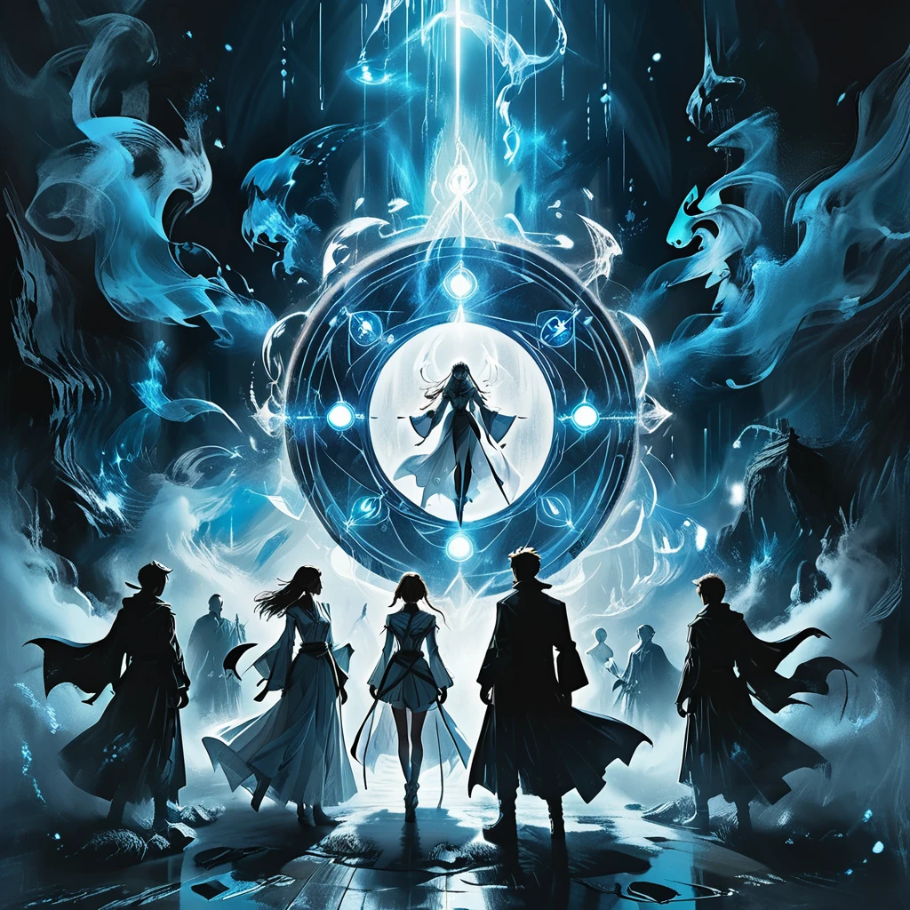 (masterpiece, best quality), (multiple characters, group, floating, glowing blue circle), (male and female characters, various poses, different outfits), (magical symbols, summoning circle, ethereal light), (anime style, detailed characters, dynamic composition), (high contrast, blue and white color scheme, mystical atmosphere), (dramatic lighting, diverse characters, futuristic setting), (action scene, intense, vibrant) graphic style of novel comics, perfect hands, 2d,
8k, hyperrealism, masterpiece, high resolution, best quality, ultra-detailed, super realistic, Hyperrealistic art, high-quality, ultra high res, highest detailed, lot of details, Extremely high-resolution details, incredibly lifelike, colourful, soft cinematic light,
