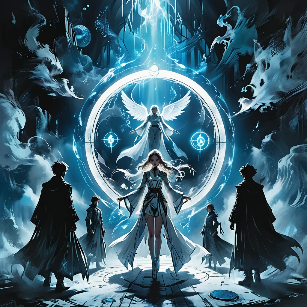 (masterpiece, best quality), (multiple characters, group, floating, glowing blue circle), (male and female characters, various poses, different outfits), (magical symbols, summoning circle, ethereal light), (anime style, detailed characters, dynamic composition), (high contrast, blue and white color scheme, mystical atmosphere), (dramatic lighting, diverse characters, futuristic setting), (action scene, intense, vibrant) graphic style of novel comics, perfect hands, 2d,
8k, hyperrealism, masterpiece, high resolution, best quality, ultra-detailed, super realistic, Hyperrealistic art, high-quality, ultra high res, highest detailed, lot of details, Extremely high-resolution details, incredibly lifelike, colourful, soft cinematic light,