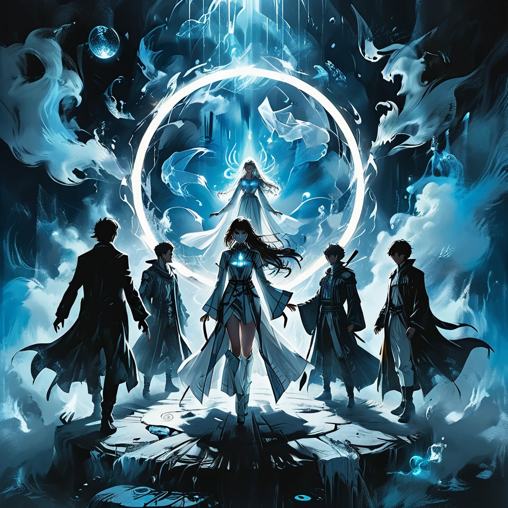(masterpiece, best quality), (multiple characters, group, floating, glowing blue circle), (male and female characters, various poses, different outfits), (magical symbols, summoning circle, ethereal light), (anime style, detailed characters, dynamic composition), (high contrast, blue and white color scheme, mystical atmosphere), (dramatic lighting, diverse characters, futuristic setting), (action scene, intense, vibrant) graphic style of novel comics, perfect hands, 2d,
8k, hyperrealism, masterpiece, high resolution, best quality, ultra-detailed, super realistic, Hyperrealistic art, high-quality, ultra high res, highest detailed, lot of details, Extremely high-resolution details, incredibly lifelike, colourful, soft cinematic light,
