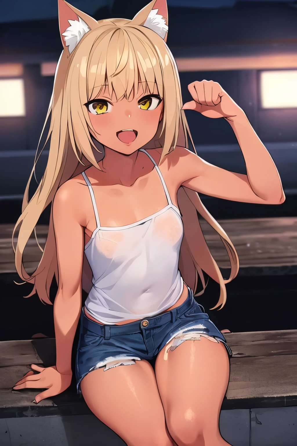 ((masterpiece)), (anime:1.3), ((Highest quality)), (RAW Photos:1.2), (Professional photography:1.3), (High resolution), (), 8K, Cinema Lighting, disheveled semi-long hair, (Exposed small breasts), Denim hot pants,(Jet black glossy hair), (Healthy dark skin),A badly tattered and torn camisole, (Dirty oversized white camisole), Slim and small breasts,Glossy and attractive thighs, (PAW Pose), (Open your mouth), Textured skin, Cat ear, Light brown hair, Cute beautiful girl, break, ((Highest quality)), (Sitting at the end of an old pier), Slums,