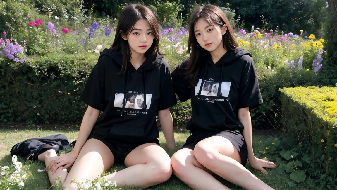 deux femmes ensemble de 18 ans sexy et mince , black short sleeve hoodie , dans un jardin de fleur, se touche,position sey,sensuel