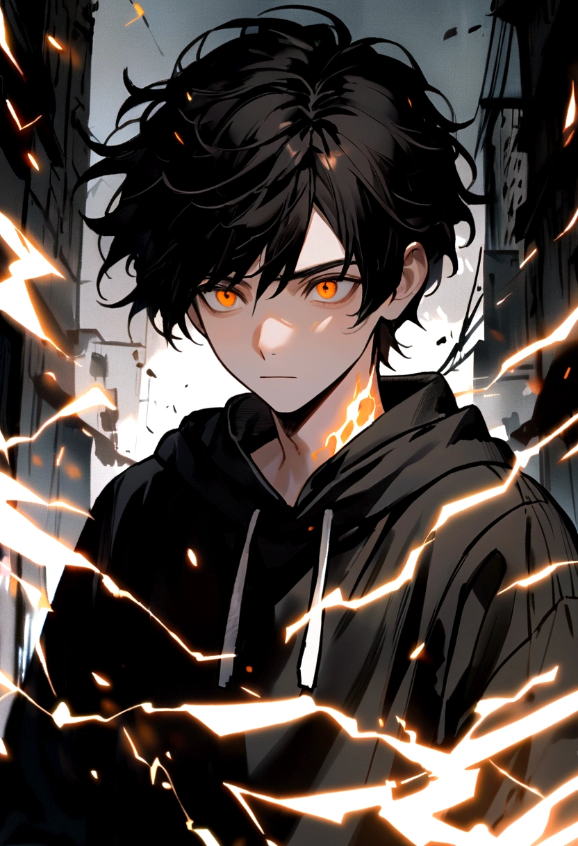 Man 17 years old Long black hair black and white sweatshirt with orange electricity on his body with a worried look