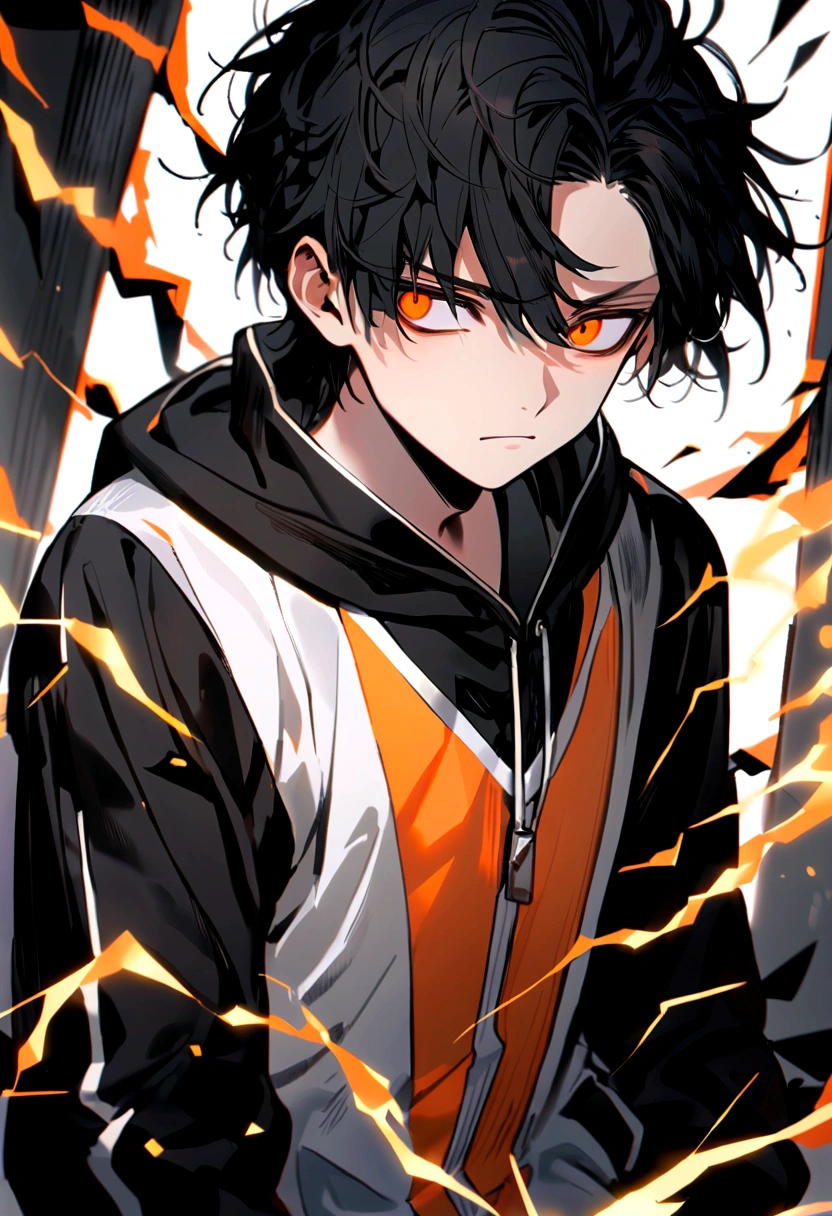 Man 17 years old Long black hair black and white sweatshirt with orange electricity on his body with a worried look