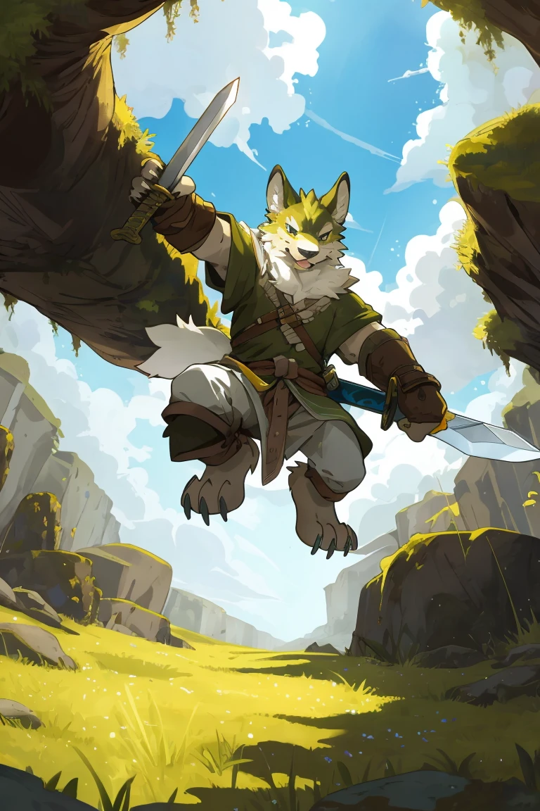 cover_Page, high resolution, absurd(masterpiece, Top quality, best quality)Illustration of a cute 4-foot-tall character, With animal features, deTailed fur covering its entire body, With animal claws, ear, Tail, and nose, Jump high, from a low perspective, Wielding a sword much larger than himself. The character is white, set against a backdrop of a grassland with moss-covered rocks. Character's facial expression is fierce, Depict the intensity of the battle,