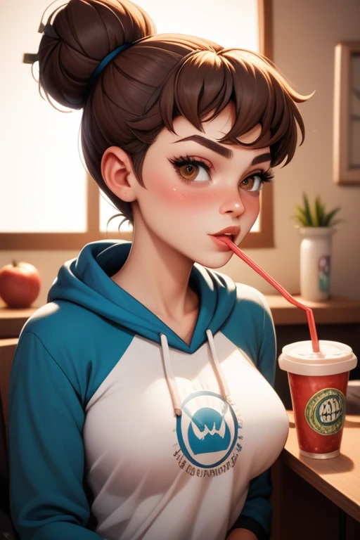 Caucasian (Russo-Italian) young female; athletic build; athlete; short dark brown hair tied in a small bun; hazel eyes; fair skin; wears a hoodie; sitting and having dinner; in a small apartment kitchenette drinking a protein shake; exuding a rebellious and tomboyish attitude; large breasts; Disney-style, CGI; best quality; high definition; trending on artstation; complex volumetric lighting; shadows; POV; blushing