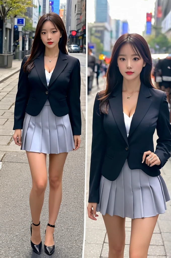 the most beautiful actress in the world, she is 18 years old, the perfect body proportions of this girl, just the lower than her crotch is fully exposed, just the upper than her crotch is fully covered, this girl with her large breasts is firmly wearing the blazer on the formal shirt, the bare skin of her large breasts are firmly covered by formal shirt under blazer, it's too difficult for the short skirt to cover the panties because it's too short, her bare thighs, her feet are out of this picture frame, her head is barely within this picture frame, only one description of this picture, at city street, standing, nsfw, best quality, highly detailed, masterpiece, ultra high res, photo realistic, 8k