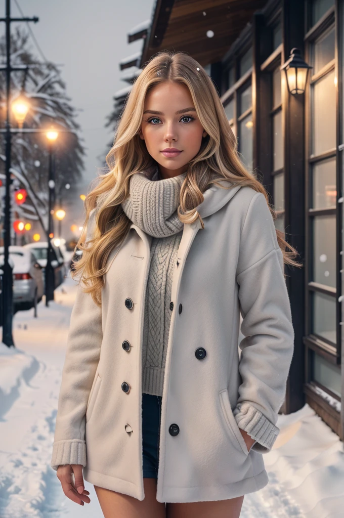 professional portrait photograph of a gorgeous Norwegian girl in winter clothing with long wavy blonde hair, sultry flirty look, gorgeous symmetrical face, cute natural makeup, wearing elegant warm winter fashion clothing, ((standing outside in snowy city street)), stunning modern urban environment, ultra realistic, concept art, elegant, highly detailed, intricate, sharp focus, depth of field, f/1. 8, 85mm, medium shot, mid shot, (((professionally color graded))), bright soft diffused light, (volumetric fog), trending on instagram, hdr 4k, 8k