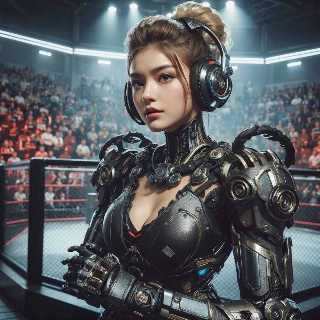  (POV). The beautiful (nations) mecha mma-fighter lady with (hairstyle), (head ornament), big-headphone. She is wearing (colouring) mecha (dress type) heavy mma-combat armor. Standing in the octagon ring with surrounded by spectators