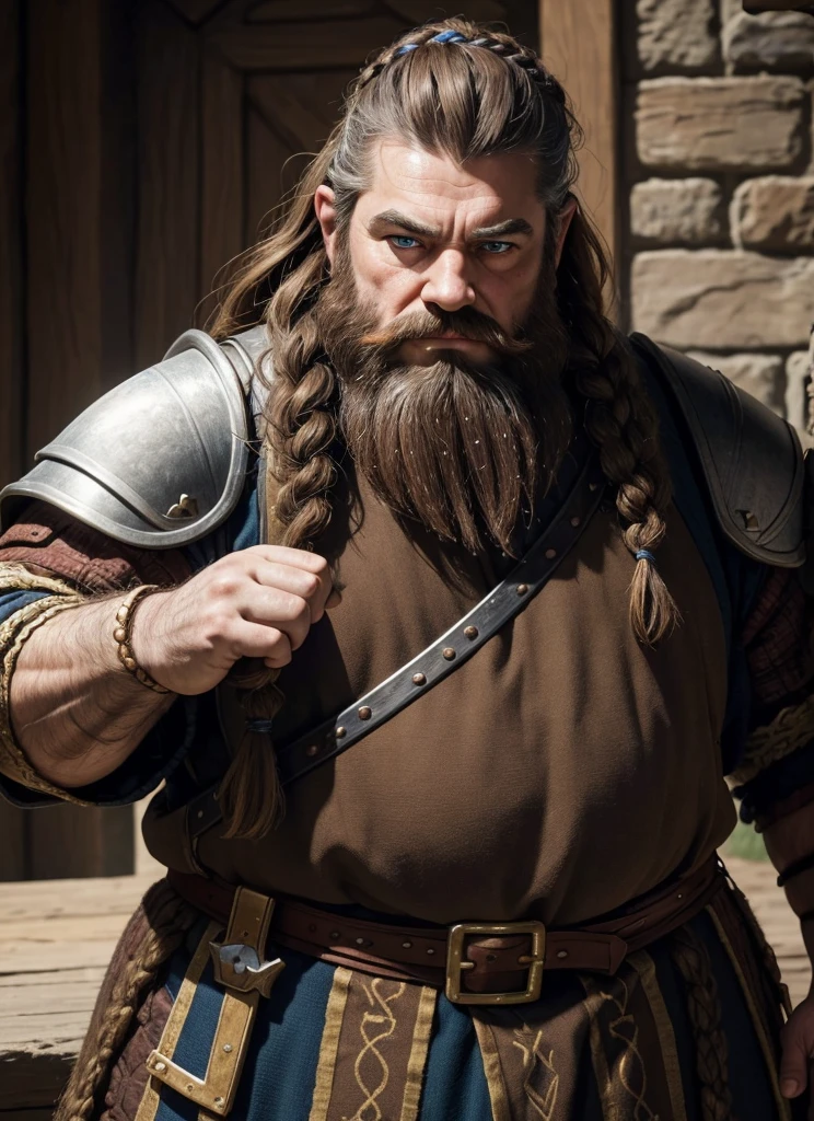 young Dwarf in full plate armor, medieval fantasy dwarf, stark, plumpness, with light brown hair and a long braided beard, wearing full plate armor, a mad look, fully body, standing alone, fancy, Dwarf Medieval RPG, Closeup portrait of a dwarf with a braided beard, Dwarf braided beard, 4 k image, 超A high resolution, inside royal dwarf hold, High details, best qualityer, 16K, [ultra detaild], master part, best qualityer, (extremely detaild), fully body, photorrealistic, arte de fancy, Arte de RPG, d&d art, an image of a dwarf in his hold (intense details, best qualityer), dwarf male fantasy (intense details, master part, best qualityer),(intense details, master part, best qualityer), brown hair, dynamic blue eye color, Ultra Detailed Face (intense details, master part, best qualityer), long beard, brown beard