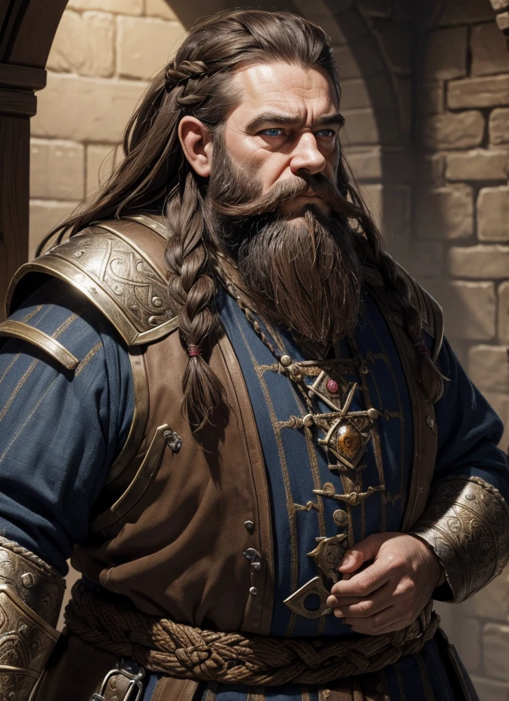 young Dwarf in full plate armor, medieval fantasy dwarf, stark, plumpness, with light brown hair and a long braided beard, wearing full plate armor, a mad look, fully body, standing alone, fancy, Dwarf Medieval RPG, Closeup portrait of a dwarf with a braided beard, Dwarf braided beard, 4 k image, 超A high resolution, inside royal dwarf hold, High details, best qualityer, 16K, [ultra detaild], master part, best qualityer, (extremely detaild), fully body, photorrealistic, arte de fancy, Arte de RPG, d&d art, an image of a dwarf in his hold (intense details, best qualityer), dwarf male fantasy (intense details, master part, best qualityer),(intense details, master part, best qualityer), brown hair, dynamic blue eye color, Ultra Detailed Face (intense details, master part, best qualityer), long beard, brown beard