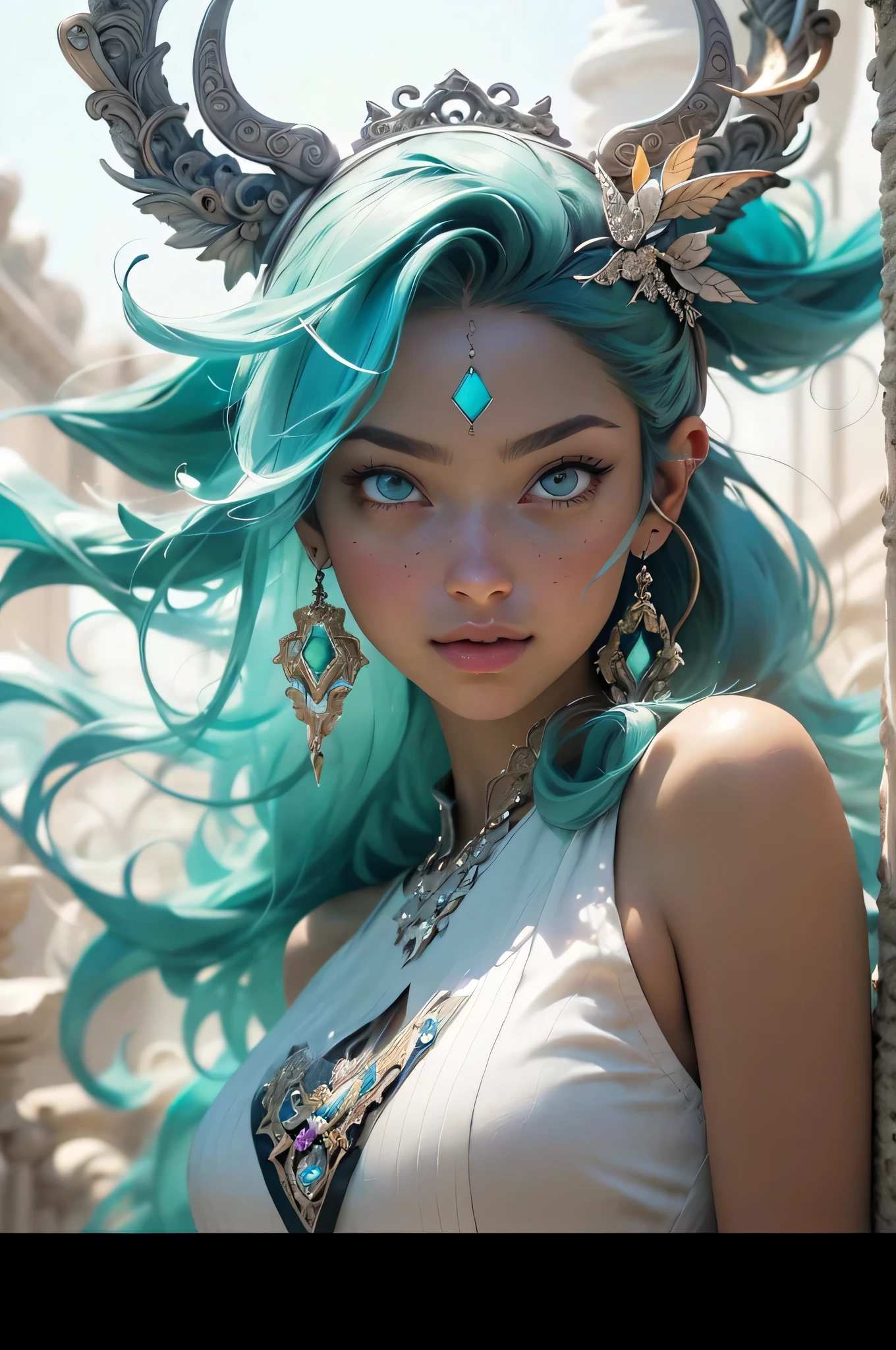Full body shot, ((masterpiece))), (((best quality))), ((ultra-detailed)), (hyperrealistic), (highly detailed CG illustration), ((an extremely delicate and beautiful)),cinematic light, Create a stunning anime artwork that is currently trending on ArtStation, showcasing exquisite beauty and captivating aesthetics. The art piece should be highly detailed, featuring a compelling character and a visually appealing environment.
The character in the artwork is a graceful and enchanting figure, radiating an aura of elegance. Pay close attention to intricate facial features, such as mesmerizing eyes with vibrant colors and delicate shading. Hair ((turquoise, long, floating in the air, wrapped around her))).
The character's clothing should be designed with elaborate patterns, flowing see-through fabrics, lace, and rich textures, reflecting a blend of fantasy and contemporary fashion.
Place the character in a captivating ethereal environment that enhances the overall appeal of the artwork. a mystical realm filled with magical elements. Incorporate vibrant colors, dynamic lighting, and detailed background elements to create a sense of depth and immersion.
Consider the latest trends in anime art, such as incorporating unique lighting effects, exploring creative composition techniques, or experimenting with unconventional color palettes.
Take inspiration from the top artists on ArtStation and their exceptional execution of various art styles and themes. Camera: Choose an angle that highlights the character's beauty and the immersive environment. Lighting: Utilize atmospheric lighting techniques to create depth and mood. Resolution: Aim for a high-resolution artwork to showcase intricate details and clarity. Art Inspirations: Seek inspiration from the trending artists on ArtStation, exploring different styles, genres, and themes.