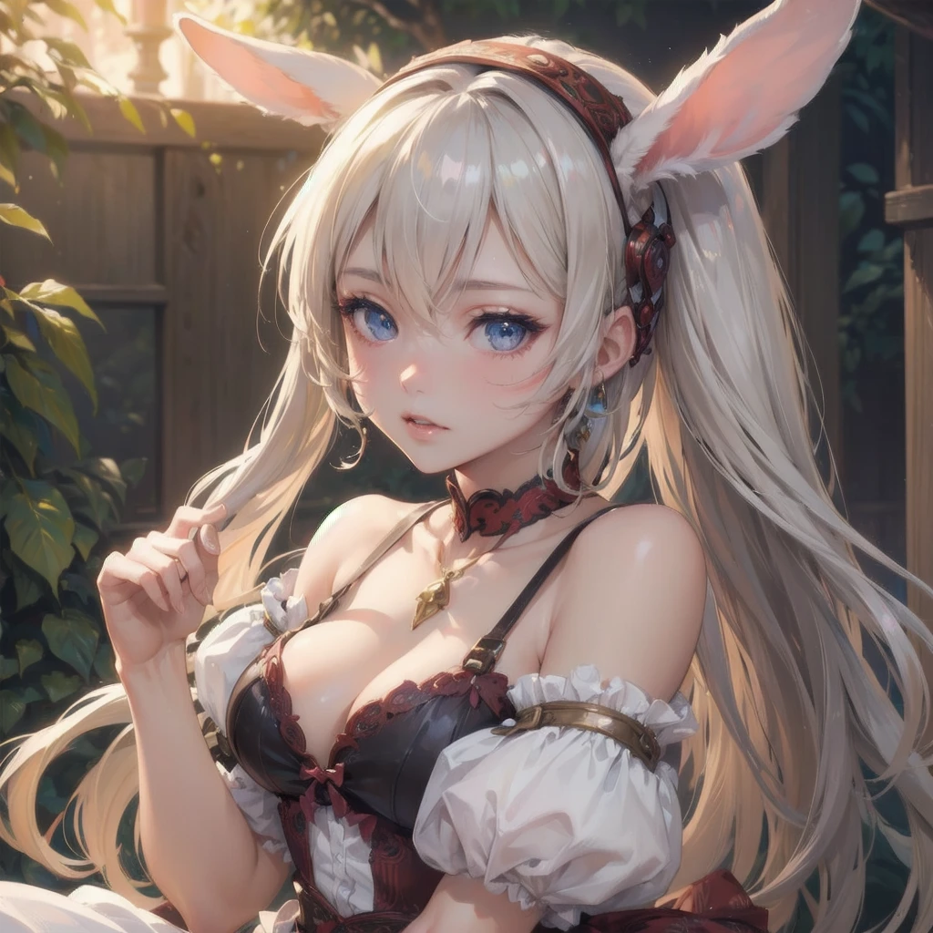 masterpiece, (textured skin), best quality, gorgeous beautiful girl, (a female rabbit ears,rabbit tail),,detailed clothes,large breasts,narrow waist,, (beautiful face), cinematic lighting, (fantasy anime art ),