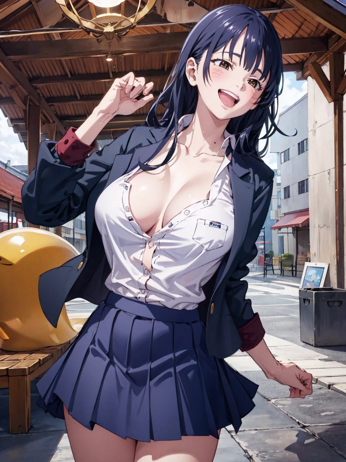 masterpiece, Highest quality, High resolution, Official Art, Anime Face, Long Hair, Brown eyes, clavicle, , Rolled up my sleeves, Fashionable clothes, Blue Skirt, mini skirt, smile, Outdoor, masterpiece, Absurd, Super detailed, Anna Yamada, One girl, alone, Long Hair, blush, (Large Breasts, Big Breasts), Black Hair, Long sleeve, Brown eyes, , Jacket, Collared shirt, (Realistic:0.35、 Powerful laughter), blush, smile, Powerful laughter
