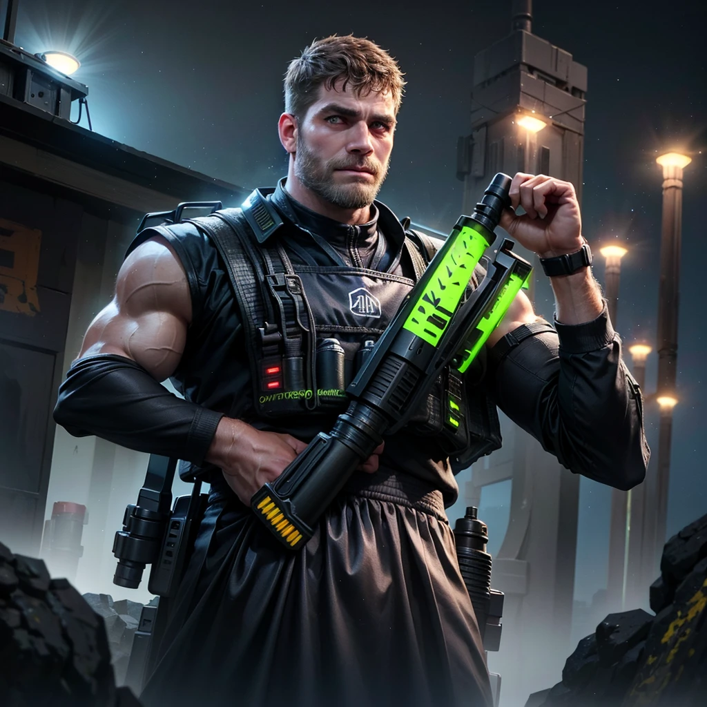 Ultra-realistic RAW portrait of a traditional Scottish man, very hairy, with a large brown beard and short hair in a military-style cut, reimagined in a cyberpunk setting. He is wearing futuristic Scottish Highland attire, including a kilt with neon accents and synthetic animal hide, and is playing a high-tech bagpipe with glowing components. The scene is set on a high, muddy mountain with neon-lit skyscrapers in the background under a cloudy and rainy sky. The man is muddy and looks weathered by the elements, with cybernetic enhancements visible on his body. The lighting should feature vibrant neon colors and dramatic contrasts to highlight the intricate details of his attire, the texture of his beard, and the futuristic environment. Photographed with a professional DSLR camera to capture fine details and depth.