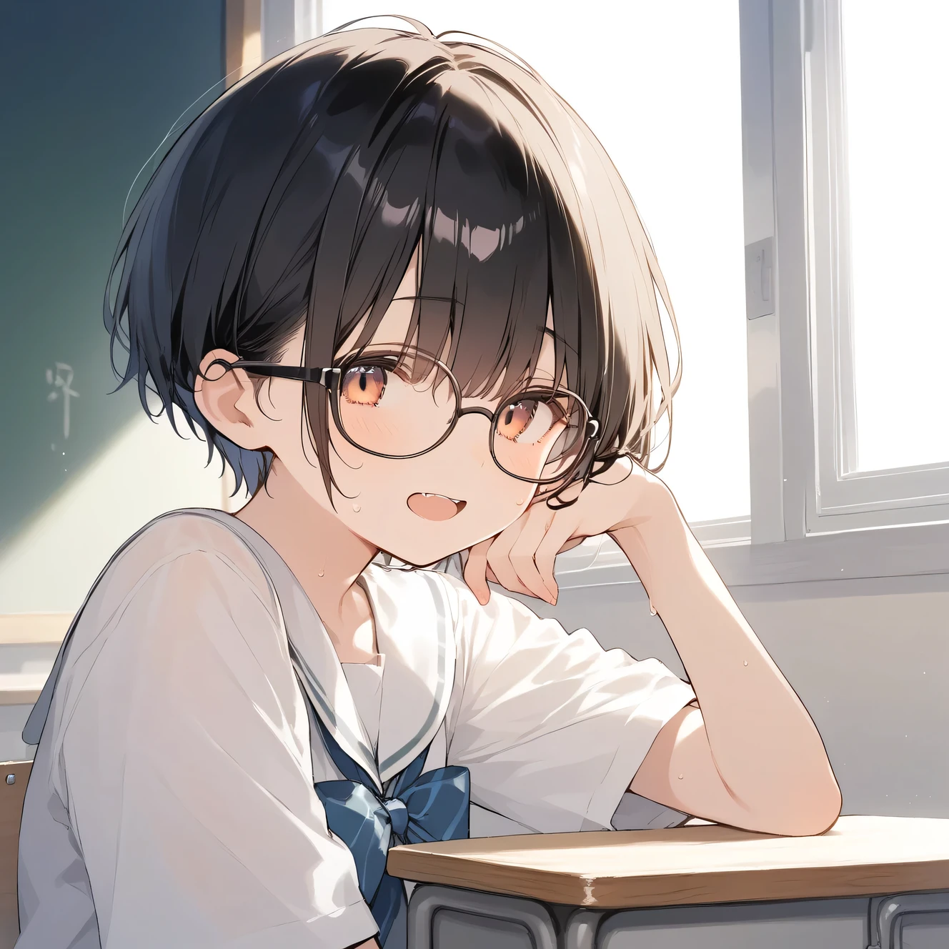 score_9, score_8_up, score_7_up, source_anime, best quality, masterpiece, official art, absurdres, highres, ultra-detailed,waifu2x,Collection: Slice of Life,break,1girl, very short hair,pixie cut, long bangs, glasses, small breasts, sit, sweat, open mouth, (wavy mouth:0.3), indoors, school classroom, break,(clear line illustration:1.2),very high resolution, very aesthetic, super detailed skin, Best sexual lighting powered by famous artist, 8k,cute picture,beauty illustration,photoshop_(medium),,(Detailed Lighting),best anime 8k konachan wallpaper, pixiv contest winner, 