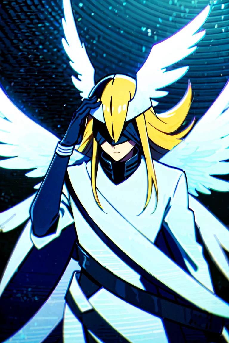 Angemon de digimon, blonde hair, (covered eyes:1.7), long hair, white battlesuit, angel wings, feathered wings, head wings, helmet, wings