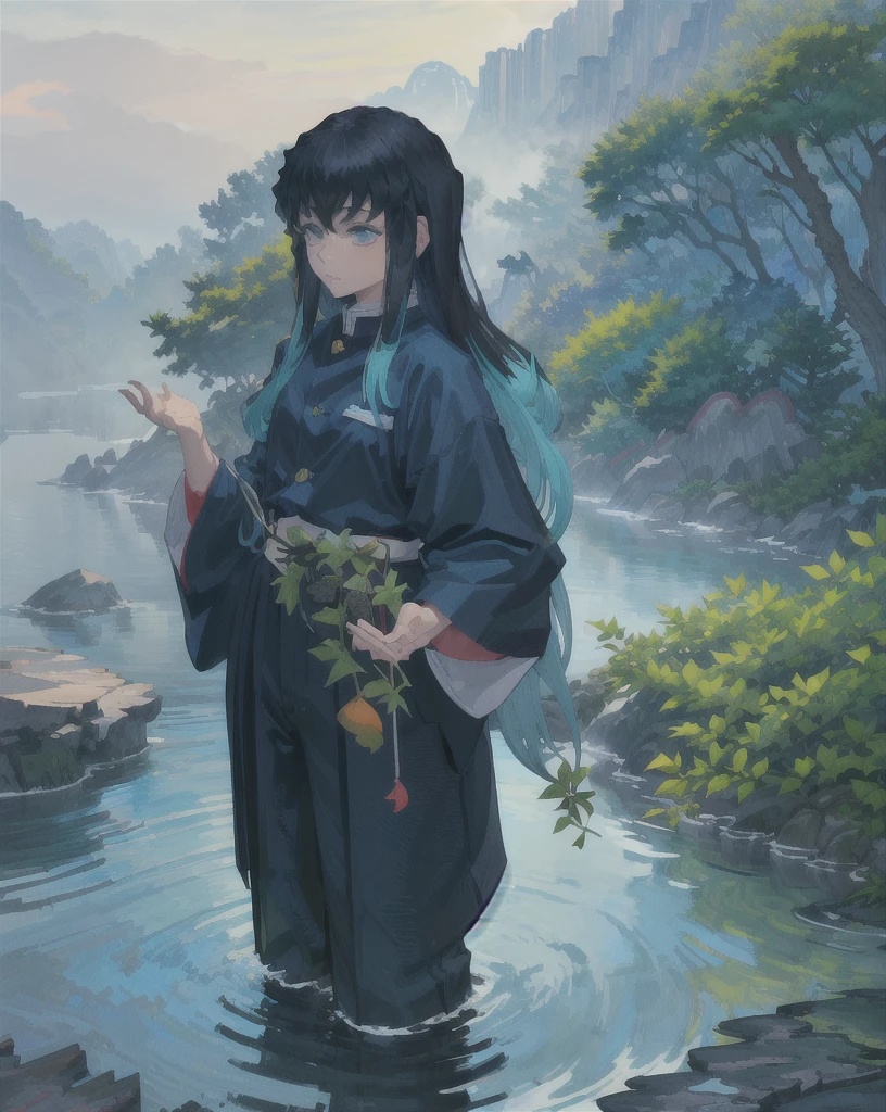 (masterpiece, best quality, highres), perfect lighting,
muichiro, 1boy, long hair, black hair, aqua hair, bangs, multicolored hair, sidelocks, long sleeves, aqua eyes, demon slayer uniform, pants, looking at viewer, solo, closed mouth, view from below,
festival, moonlight, (night), (dark), fall, fallen leaves, japanese temple, japanese decoration, leaf, ivy, wallpaper, ((empty)), (landscape), rock, nature, plant,  extremely detailed environnement, mist, distant waterfall, (excessive plant), loaded, mystical, dark blue water, ultra wide angle, ((ultra wide angle)), (depth of field), ((game cg))
