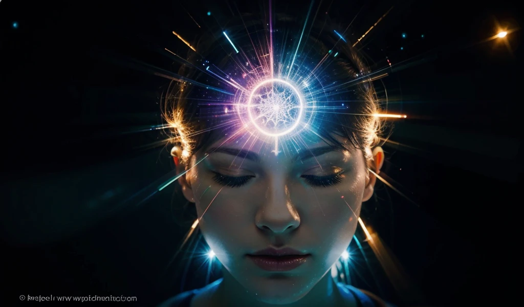 An abstract image of a human head and mind lit with beautiful lights and spects of light with closed eyes. Magical, mystical