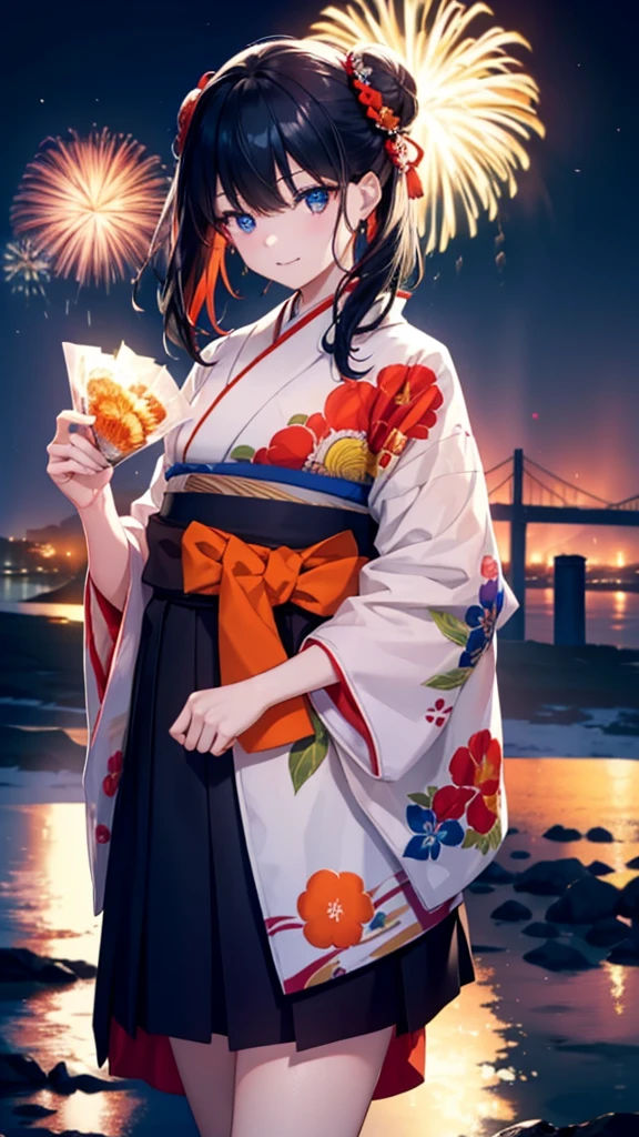 Takada Rokka, Black Hair, blue eyes, Long Hair, orange Scrunchie, Scrunchie, wrist Scrunchie,White Kimono,Sandals,日本のfestival,夏festivalの屋台,Red lantern,Hair Bun, double Hair Bun,happy smile, smile, Open your mouth,Fireworks,The place is a fireworks display、Time is night,Walking,whole bodyがイラストに入るように,
break outdoors, festival,
break looking at viewer, whole body,(Cowboy Shot:1. 5)
break (masterpiece:1.2), Highest quality, High resolution, unity 8k wallpaper, (shape:0.8), (Fine and beautiful eyes:1.6), Highly detailed face, Perfect lighting, Highly detailed CG, (Perfect hands, Perfect Anatomy),