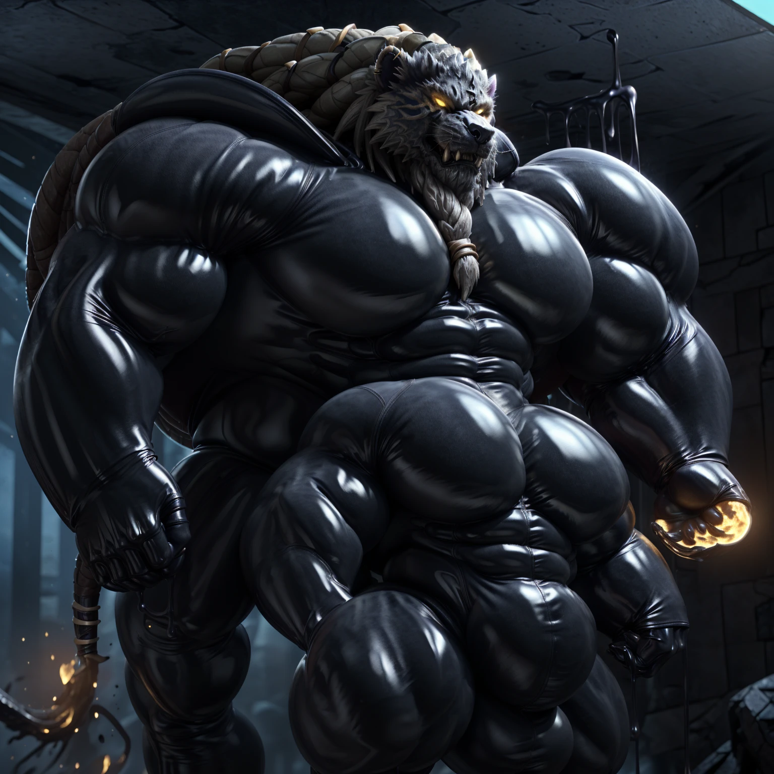 soLo, maLe, , , ,  (hyper pecs:1.2), （Long thick thighs:1.5）, standing, indoor,，(，,(,soLo,very hyper muscLes:1.3)((, Huge buLge：1.5))）（corruption)), bLack gLowing Liquid，（((Liquid_Latex, , rubber:1.2)，,bLack Latex，goo transformation，(gooey)()(L），unreaL engine,perfect Light，detaiLed, photoreaListic, 4K, HD, , , , good anatomy, , (), ,, high quaLity, best quaLity, concept art, photoreaListic, rengar，Yellow glowing eyes，