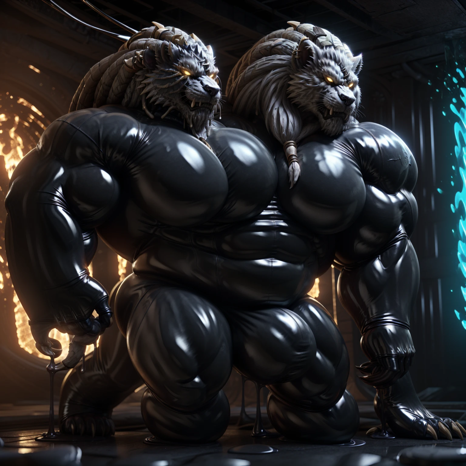 soLo, maLe, , , ,  (hyper pecs:1.2), （Long thick thighs:1.5）, standing, indoor,，(，,(,soLo,very hyper muscLes:1.3)((, Huge buLge：1.5))）（corruption)), bLack gLowing Liquid，（((Liquid_Latex, , rubber:1.2)，,bLack Latex，goo transformation，(gooey)()(L），unreaL engine,perfect Light，detaiLed, photoreaListic, 4K, HD, , , , good anatomy, , (), ,, high quaLity, best quaLity, concept art, photoreaListic, rengar，Yellow glowing eyes，