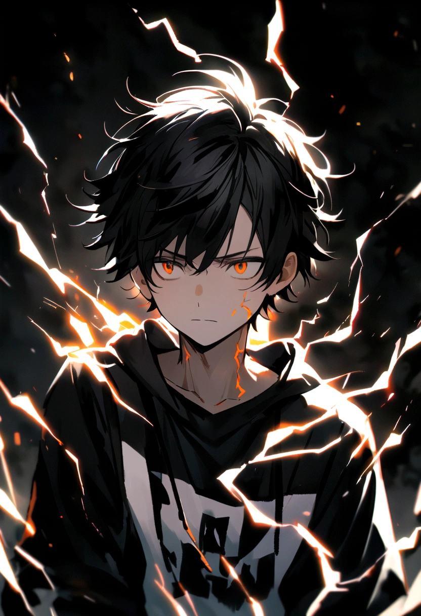 Man Long black hair black and white sweatshirt with orange electricity on his body with a worried look