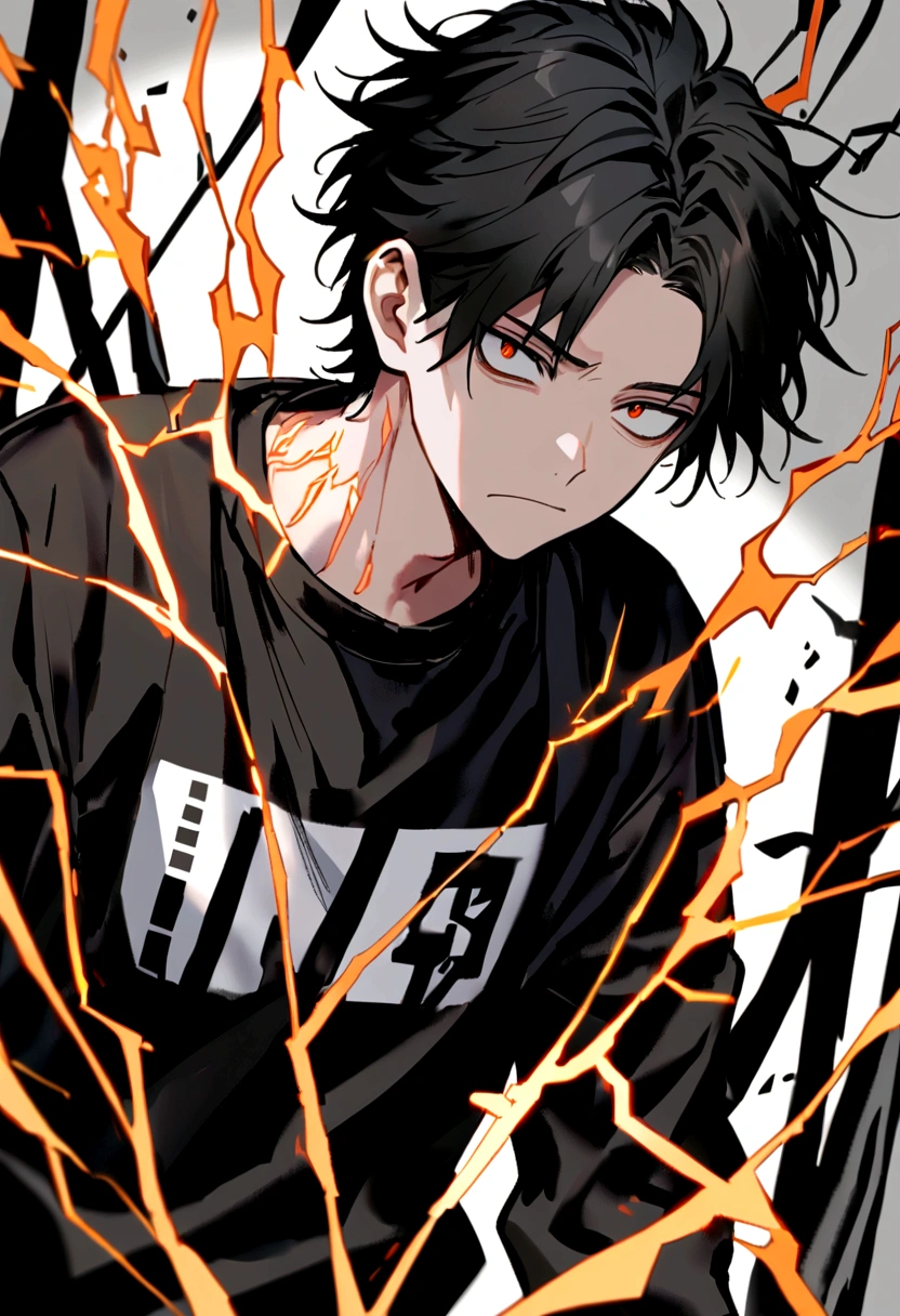 Man 17 years old Long black hair black and white sweatshirt with orange electricity on his body with a worried look