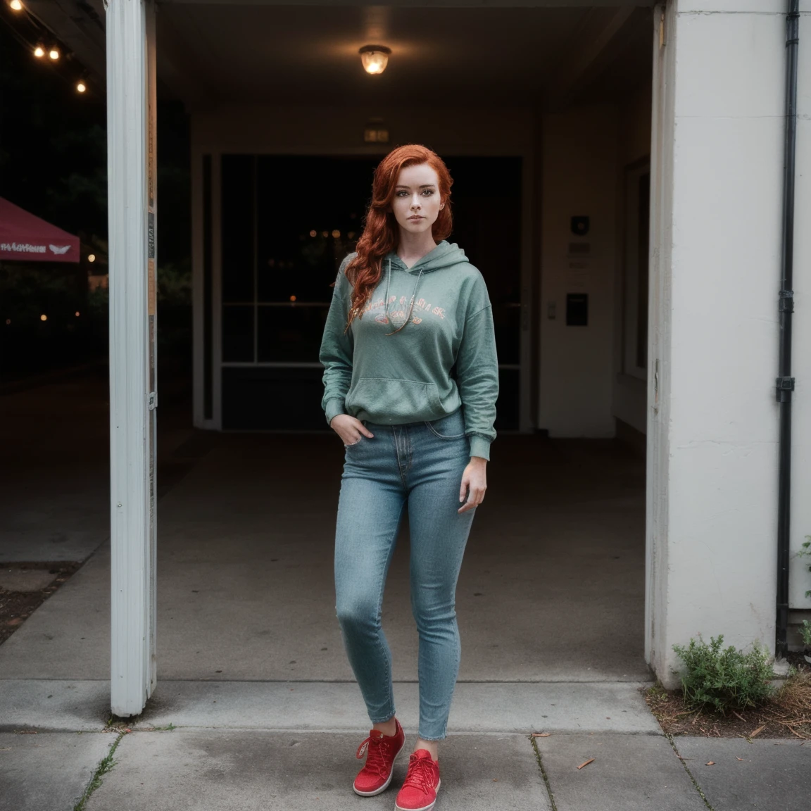 there is a girl, ((best quality)), ((detailed)),(masterpiece), ((perfect face, young skinny girl, skinny legs, skinny thighs, skinny waist,)), (((red hair)), (green eyes), wavy long hair, freckles, makeup, green eye, natural face expression, red lips), (wear a hoodie and loose pants), standing, capture to thighs
