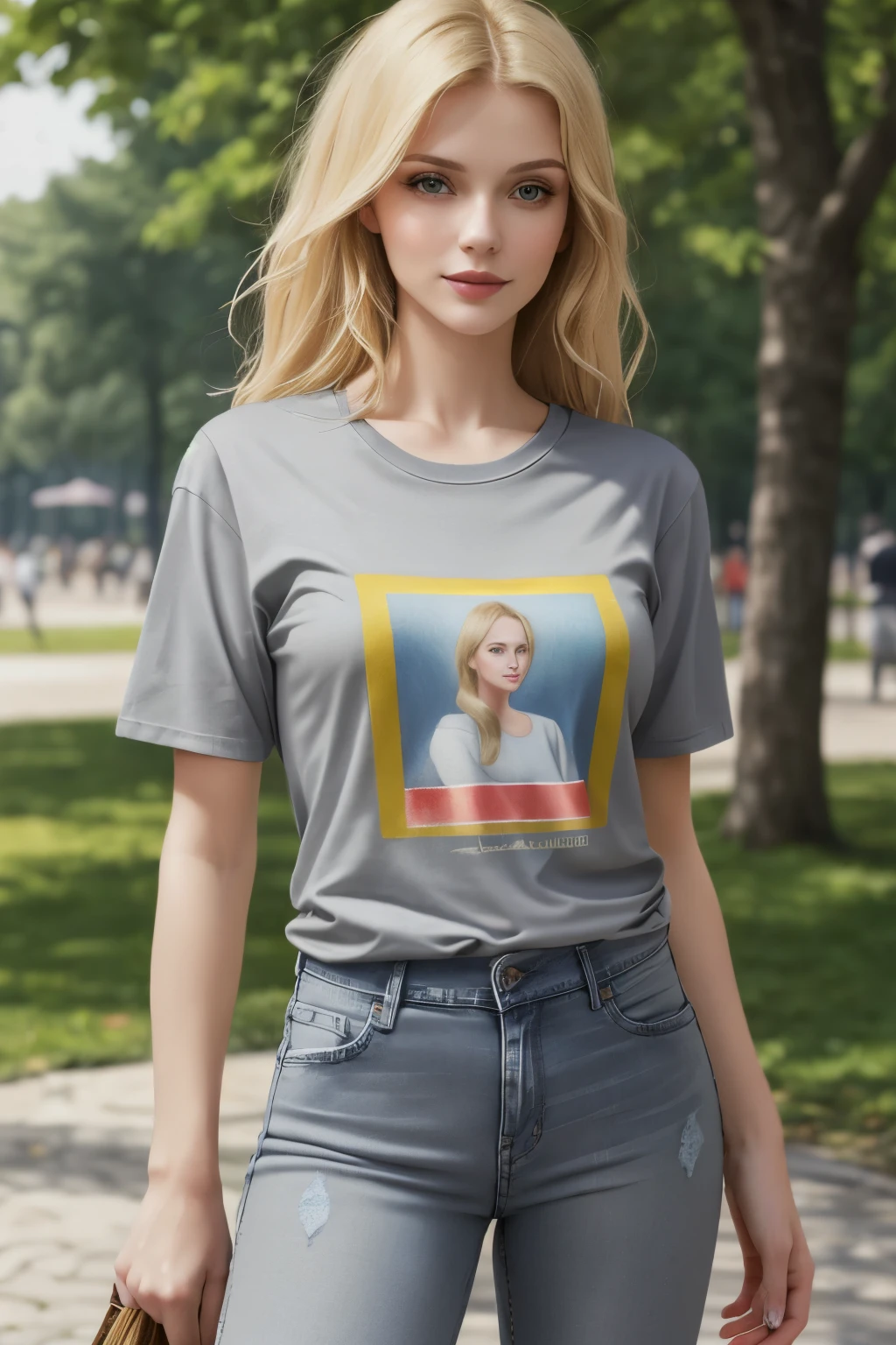 ((best quality)), ((masterpiece)), (detailed), Beautiful blonde haired russian woman, wearing so short sleeves grey printed t-shirt and blue long jeans , in park