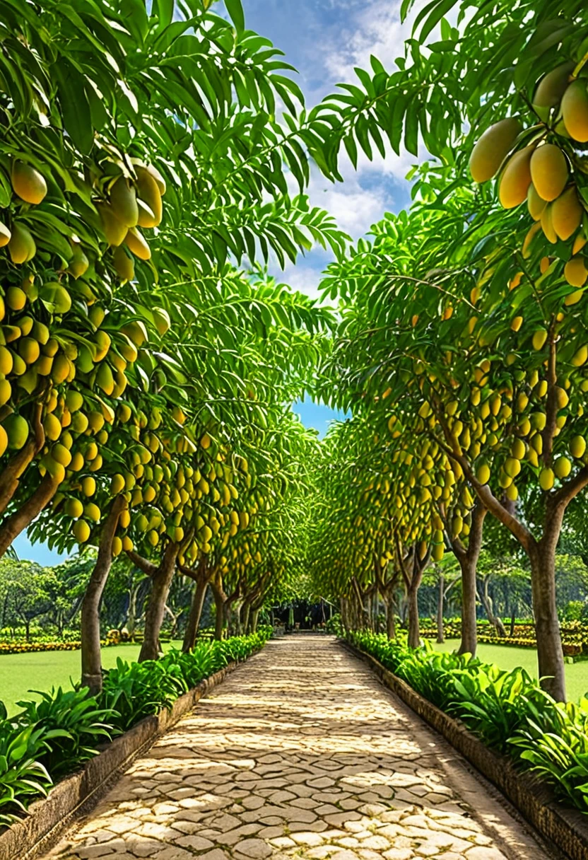 A stunning 4K photograph of a lush mango garden, with ripe yellow mangoes hanging from the branches of the trees. The sunny sky is adorned with fluffy white clouds, casting a warm, golden light on the vibrant scene. The garden is meticulously maintained, with a path leading through the rows of trees, inviting visitors to explore and indulge in the fresh, tropical fruit.