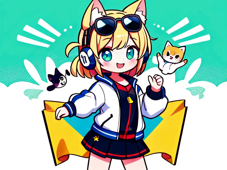 Perfect centering, Cute kitten, Wear a student team jacket, Wearing sunglasses, Wearing headphones, cheerfulness, Standing position, Abstract beauty, Centered, Looking at the camera, Facing the camera, nearing perfection, Dynamic, Highly detailed, smooth, Sharp focus, 8K, high definition resolution, illustration, Vietnam's flag background 