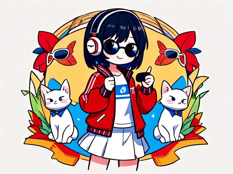 Perfect centering, Cute kitten, Wear a student team jacket, Wearing sunglasses, Wearing headphones, cheerfulness, Standing position, Abstract beauty, Centered, Looking at the camera, Facing the camera, nearing perfection, Dynamic, Highly detailed, smooth, Sharp focus, 8K, high definition resolution, illustration, Vietnam's flag background