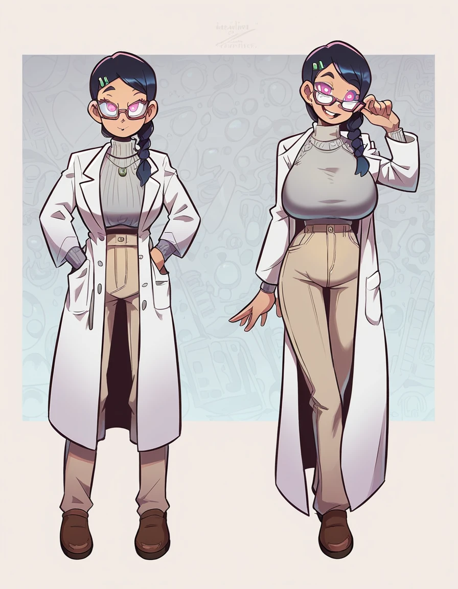 (huge breasts:1.3) (masterpiece) (high quality) (best quality) (1girl), (solo), (slim waist:1.3), (looking at viewer), detailed background, by pakwan, braided ponytail, jade eyes, glowing eyes, slight smile, detailed eyes, futuristic space station laboratory, full body portrait, lab coat, gray sweater under lab coat, beige pants, hair clip, glasses