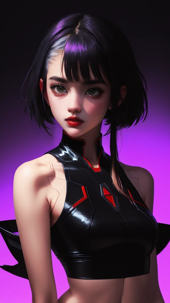 1girl, solo, long curly hair, looking left, bangs, simple background, black hair, red eyes, upper body, blunt bangs, red background, science fiction, high collar, cyberpunk, girl in skirt, full violet background